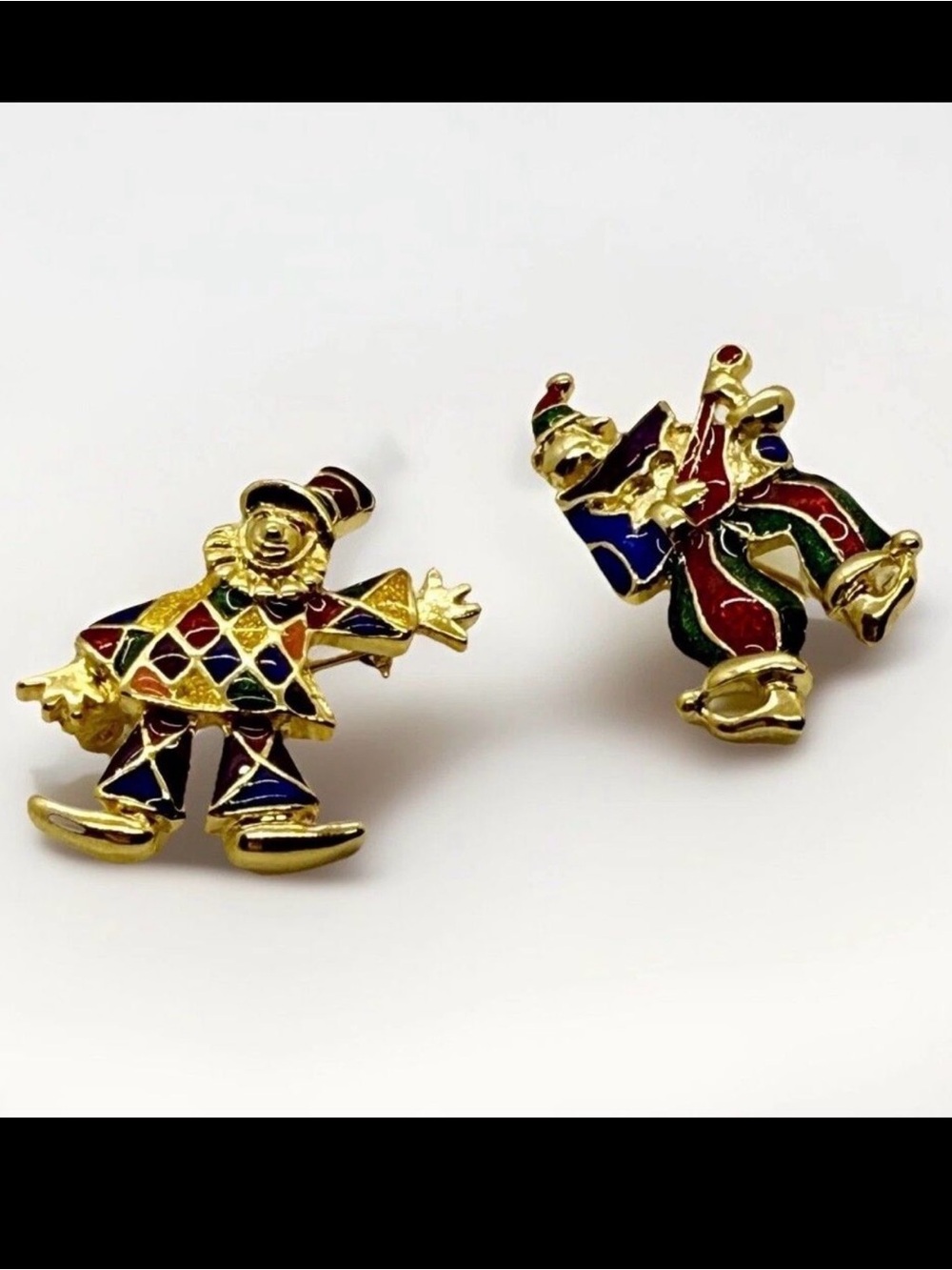 Myers Suzio VTG Enamel Clown Brooches Set Of 2 Gold Tone Harlequin Jester Pins